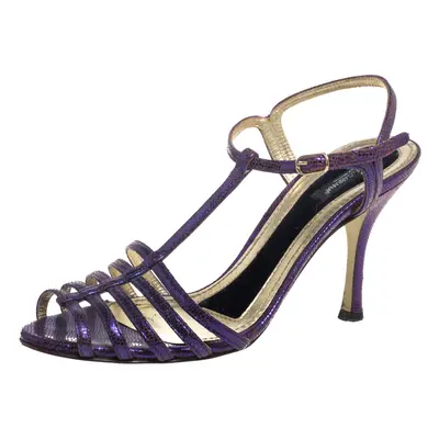 Dolce & Gabbana Purple Lizard Embossed Leather T Strap Sandals Size