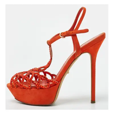 Sergio Rossi Orange Suede and Crystal Embellished Strappy Scalloped Platform Sandals Size 38.5