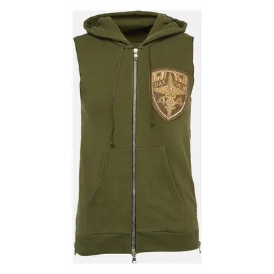 Balmain Green Metallic Applique Cotton Knit Sleeveless Hoodie