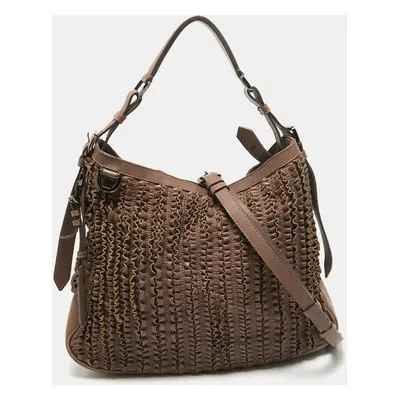 Burberry Dark Beige Leather Ruffled Lowry Hobo