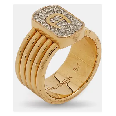 Aigner Gold Tone Crystal Logo Band Ring Size