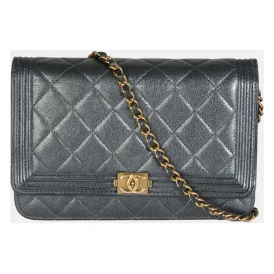 Chanel Gunmetal Quilted Lambskin Boy Wallet On Chain