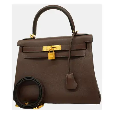 Hermes Taurillon Nobillo Cacao Kelly Stamped Handbag