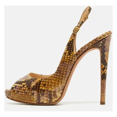 Alexandre Birman Yellow/Brown Snakeskin Peep Toe Slingback Pumps Size