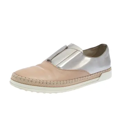 Tod's Beige/Silver Leather Francesina Slip On Espadrille Sneakers Size 38.5