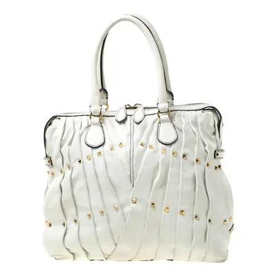 Valentino Off White Leather Maison Pintucked Shopper Tote