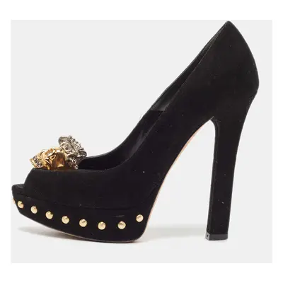 Alexander McQueen Black Suede Skull Peep Toe Platform Pumps Size