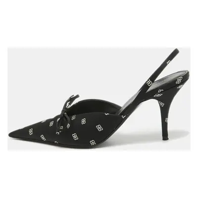 Balenciaga Black BB Print Satin Knife Slingback Pumps Size