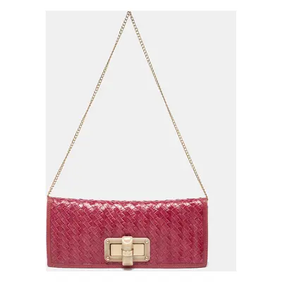 Furla Pink Woven Leather Turnlock Clutch