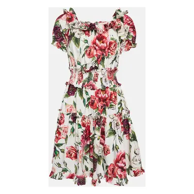 Dolce & Gabbana White Floral Print Cotton Ruffled Dress