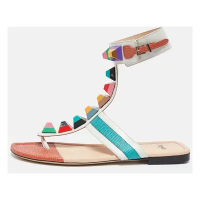 Fendi Multicolor Leather Studded Thong Flat Sandals Size