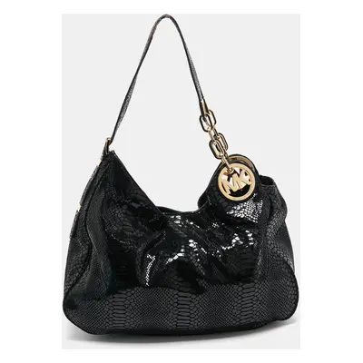 MICHAEL Michael Kors Black Snakeskin Embossed Leather Fulton Slouchy Hobo