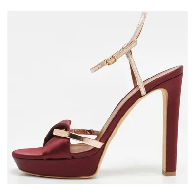 Malone Souliers Burgundy/Gold Satin Miranda Ankle Strap Sandals Size