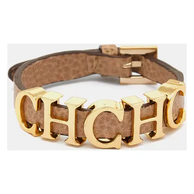 Carolina Herrera Beige Leather Logo Charm Bracelet