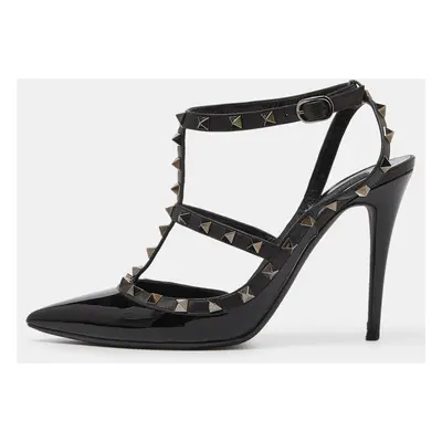 Valentino Black Patent Leather Rockstud Ankle Strap Cage Sandals Size