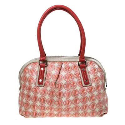 DKNY Red/White Signature PVC and Leather Dome Satchel