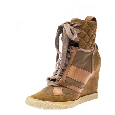 Chloe Beige/Brown Suede Leather And Canvas Lace Up Wedge Ankle Boots Size