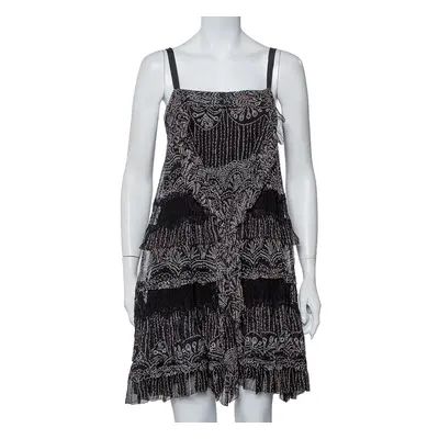 Diane Von Furstenberg Black Printed Silk Lace Trim Detail Tiered Taleen Mini Dress