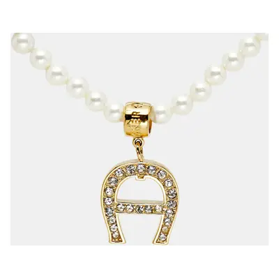 Aigner Logo Faux Pearl Crystal Gold Tone Necklace