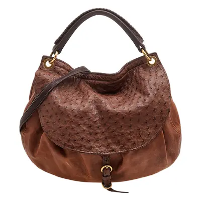 Miu Miu Brown Ostrich And Leather Top Handle Bag