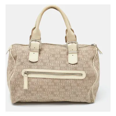 Cerruti Beige Signature Canvas and Patent Leather Boston Bag