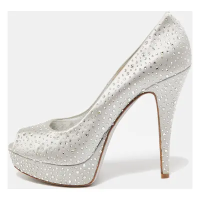 Loriblu Silver Satin Crystal Embellished Peep Toe Platform Pumps Size