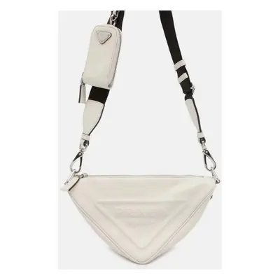 Prada White Leather Logo Embossed Triangle Shoulder Bag