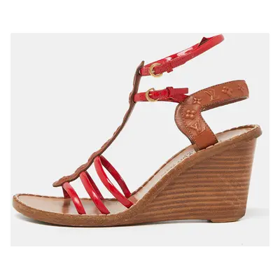 Louis Vuitton Brown/Red Monogram Embossed Leather and Patent T-Strap Wedge Sandals Size 37.5