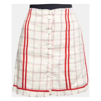 D&G White Checked Patterned Linen Buttoned Mini Skirt