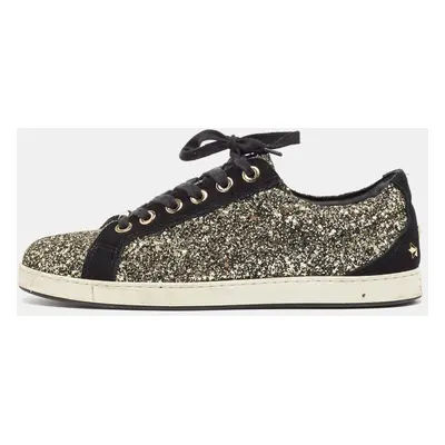 Jimmy Choo Gold/Black Glitter and Suede Lace Up Sneakers