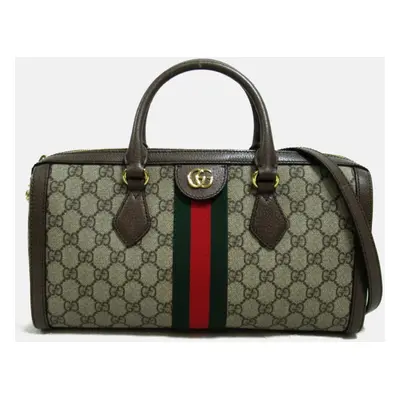 Gucci Beige Brown Canvas GG Supreme Ophidia Boston Bag