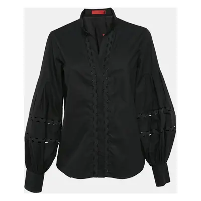 Carolina Herrera Black Cotton Lace Trim Puff Sleeve Shirt