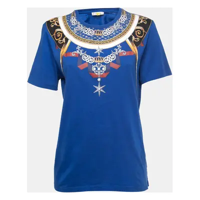 Versace Collection Blue Printed Cotton Knit Crewneck T-Shirt