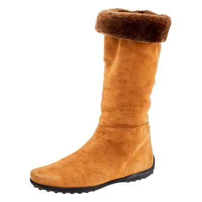 Tod's Yellow/Brown Suede And Fur Calf Length Boots Size 37.5