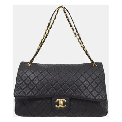 Chanel Black Calfskin Double Chain Flap Shoulder Bag