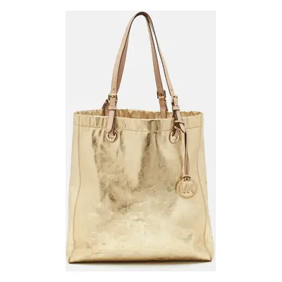 MICHAEL Michael Kors Gold Signature Mirrored Patent Leather North South Tote