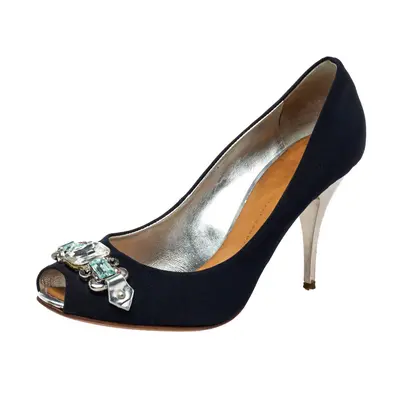 Giuseppe Zanotti Blue Fabric Embellished Peep Toe Pumps Size 38.5