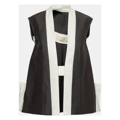 Rick Owens Darkdust Brown Cotton Asymmetric Hem Contrast Trim Sleeveless Jacket