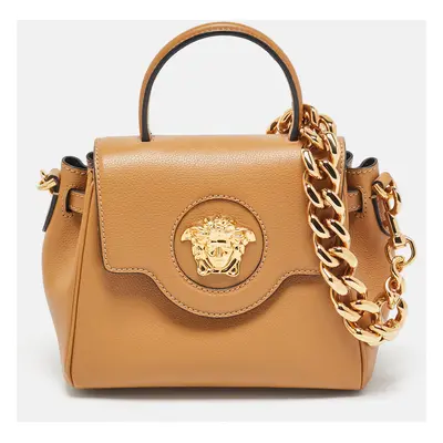 Versace Brown Leather Mini La Medusa Top Handle Bag