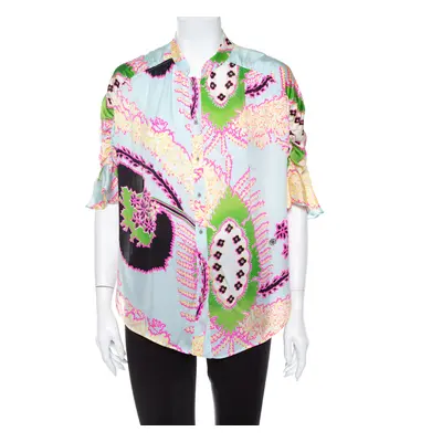 Roberto Cavalli Multicolor Abstract Printed Silk Ruffle Sleeve Blouse