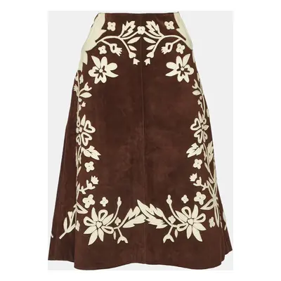 Dolce & Gabbana Brown Floral Applique Suede Midi Skirt