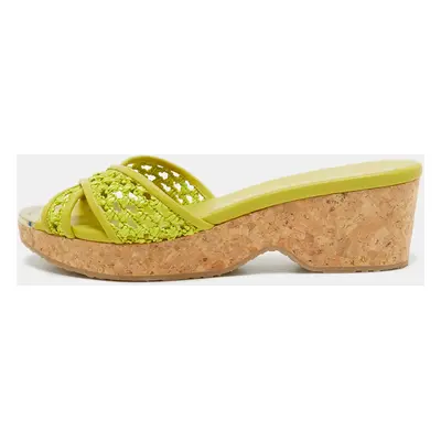 Jimmy Choo Green Leather and Raffia Panna Cork Slides Size