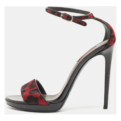 Dolce & Gabbana Black/Red Leopard Print Calf Hair Ankle Strap Sandals Size