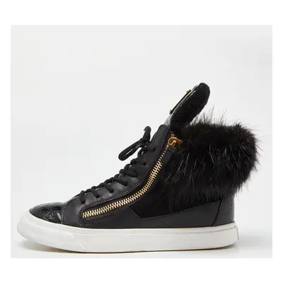 Giuseppe Zanotti Black Leather,Suede and Calfhair London High-Top Sneakers Size