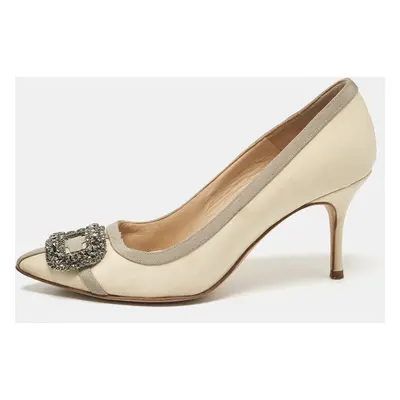 Manolo Blahnik Cream/Grey Canvas and Fabric Gotrian Pumps Size