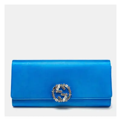 Gucci Blue Satin Crystal Embellished Interlocking G Broadway Clutch