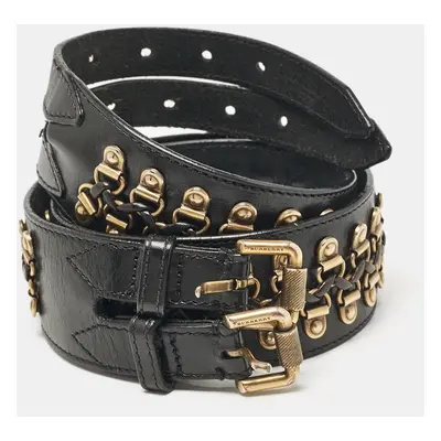 Burberry Black Leather Studded Double Buckle Wide Belt 90CM