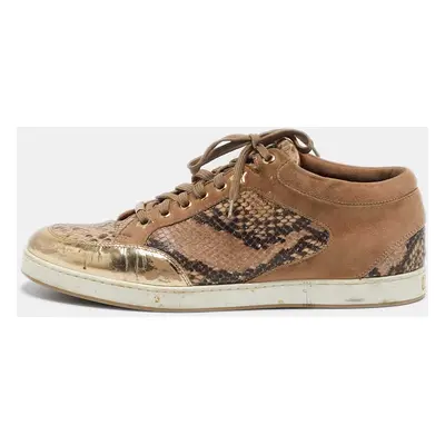 Jimmy Choo Beige Python Embossed Leather and Suede Miami Lace Up Sneakers Size