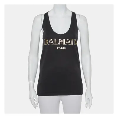 Balmain Black Cotton Logo Printed Tank Top