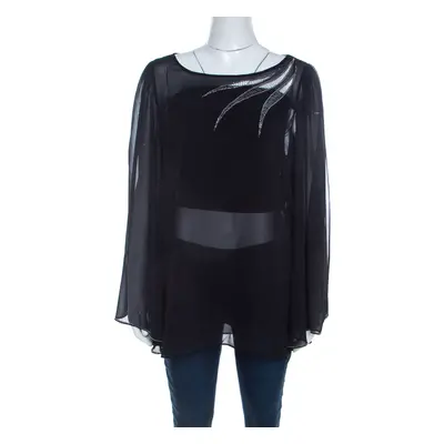 Blumarine Sheer Black Crepe Beaded Trim Cape Sleeve Blouse